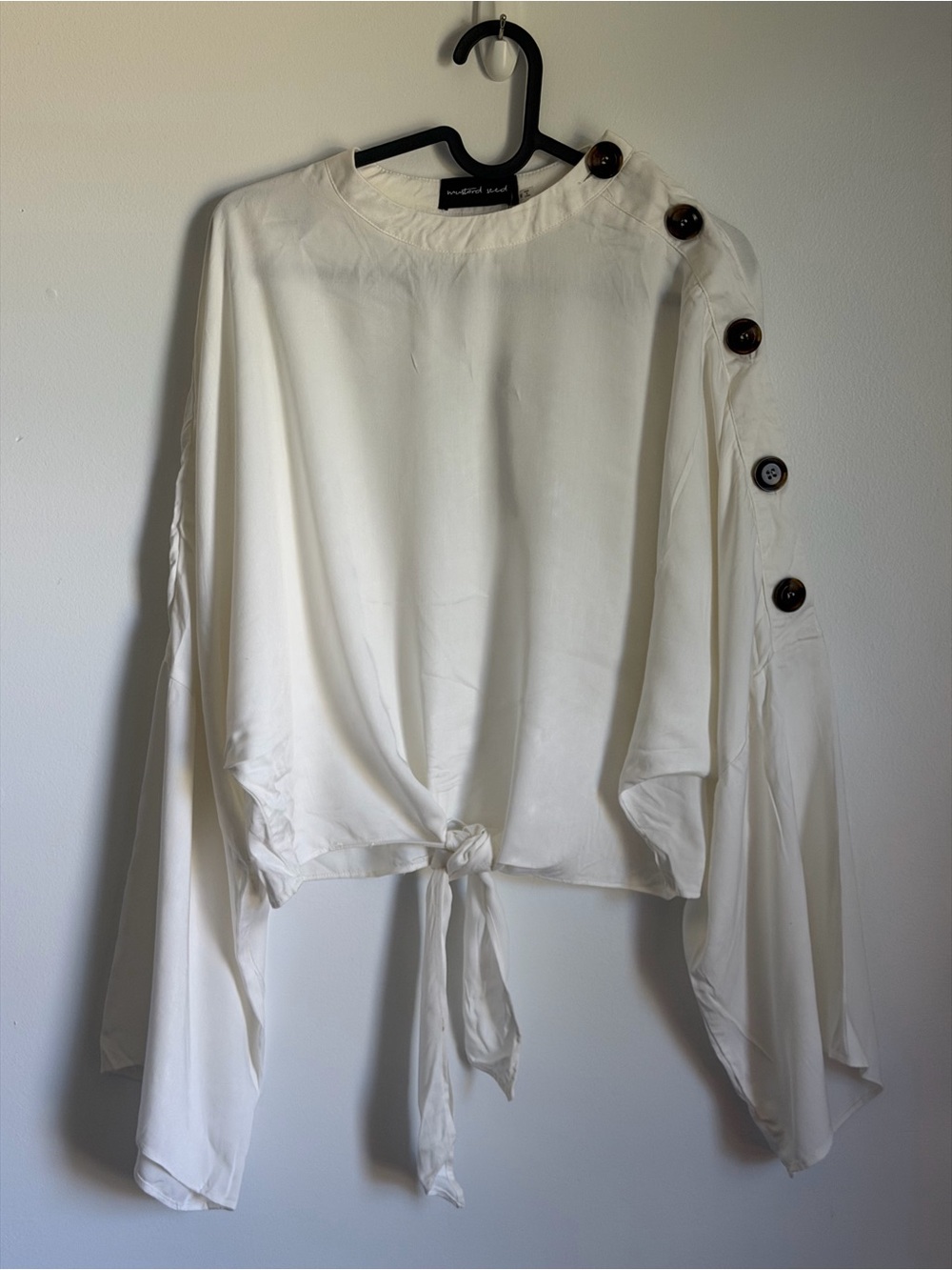 Mustard Seed Ivory Long-Sleeve Tie Front Blouse with Shoulder Buttons